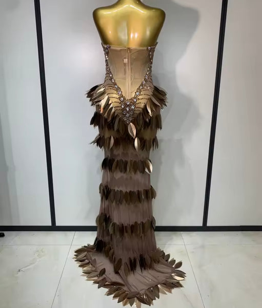 Women Sexy Strapless Rhinestone Brown Mesh Maxi Dress