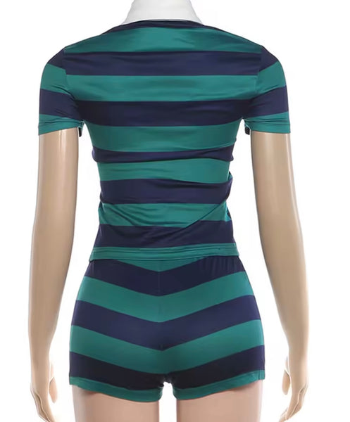 Women Collar Striped Short Sleeve Two Piece Short Set
