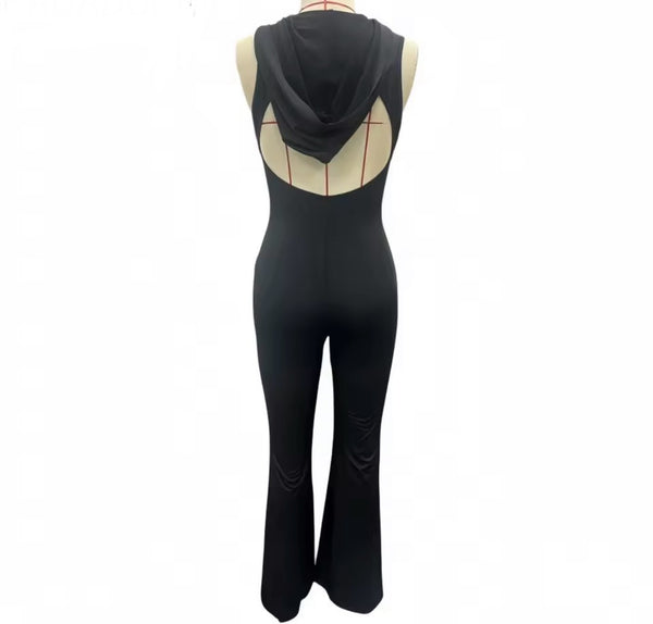 Women Black Sleeveless Hooded Open Back Jumpsuit