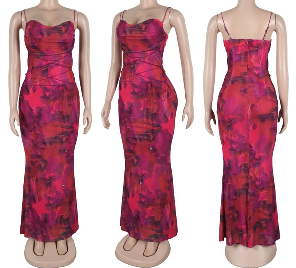 Women Sexy Sleeveless Color Printed Maxi Dress