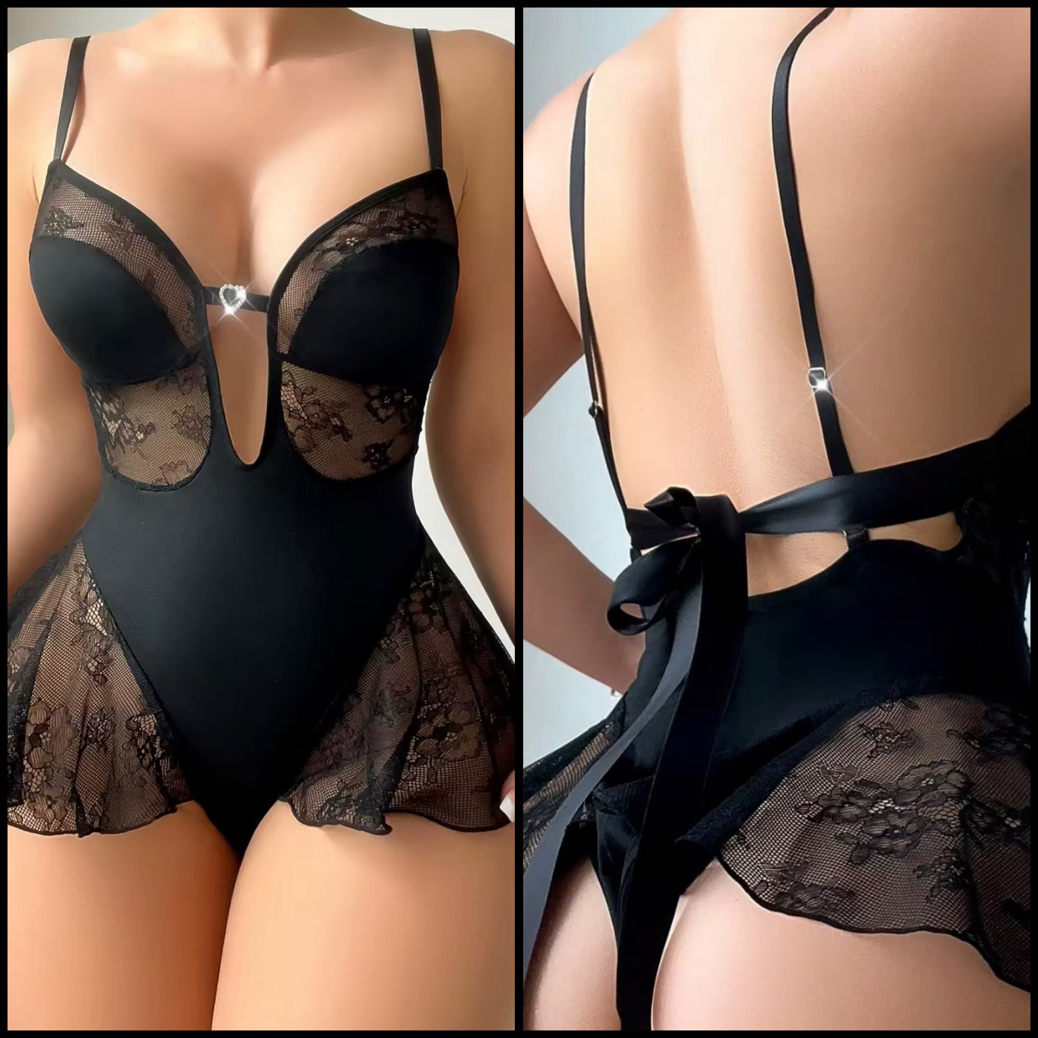 Women Black Sexy Sleeveless Lace Patchwork Bodysuit Lingerie