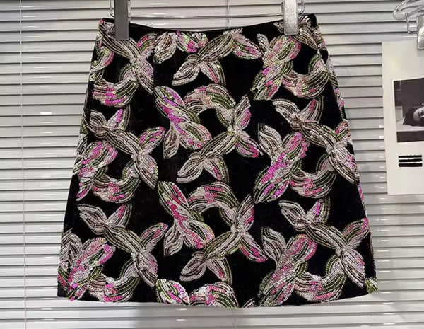 Women Sexy Fashion Floral Print Sequins Skirt