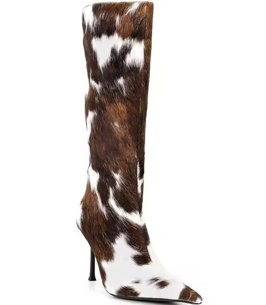 Women Fashion Animal Print Mohair Knee High Boots