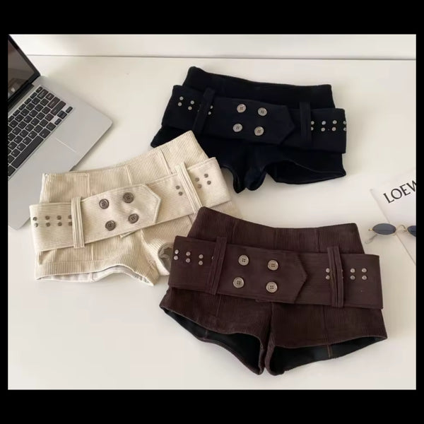 Women Fashion Corduroy Button Belted Shorts