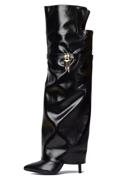 Women Fashion PU Leather Over The Knee Buckled Lock Boots