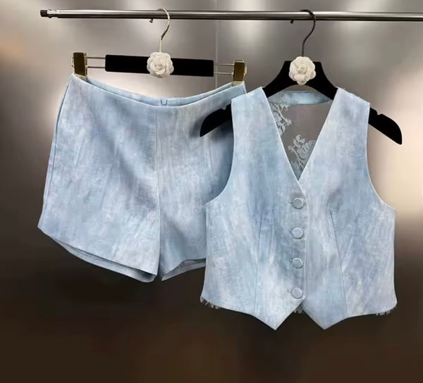 Women Button Up Sleeveless Mesh Vest Two Piece Short Set