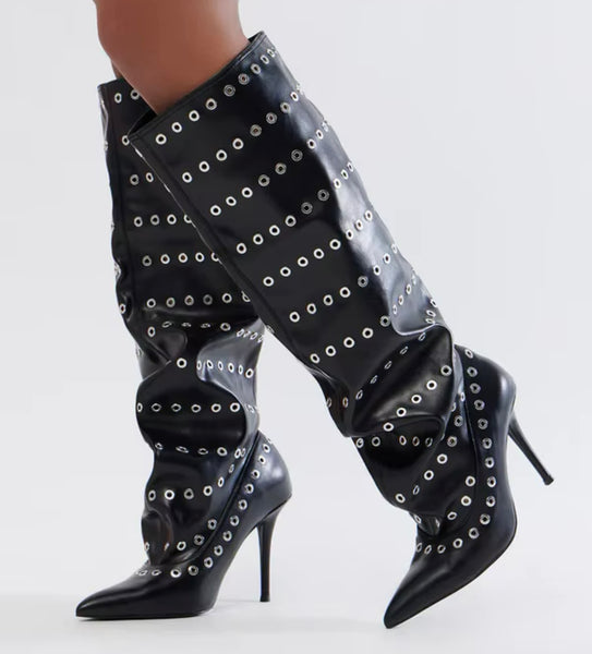 Women Fashion Black Rivet Faux Leather Knee High Boots