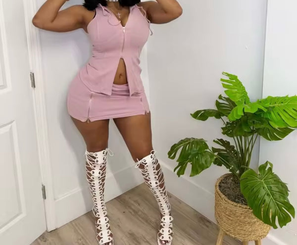 Women Sexy Zip Up Sleeveless Hooded Two Piece Skirt Set