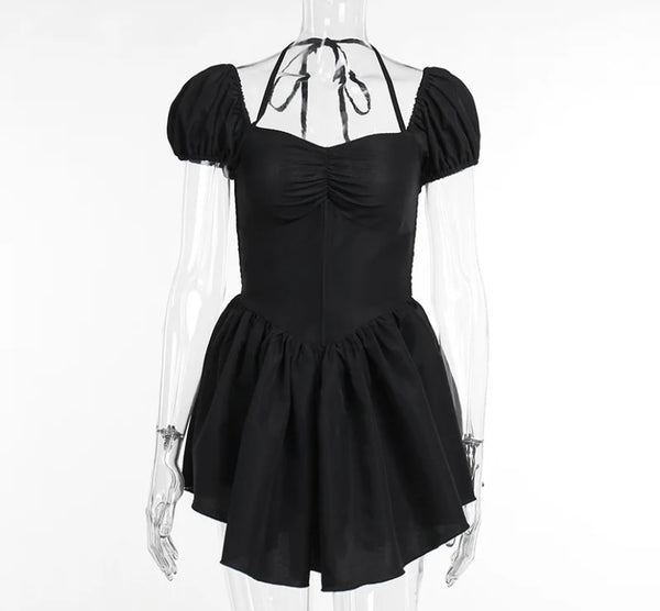 Women Sexy Black Short Sleeve Ruffled Dress
