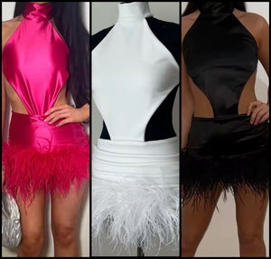 Women Sexy Halter Sleeveless Cut Out Feather Dress