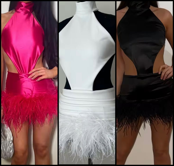 Women Sexy Halter Sleeveless Cut Out Feather Dress