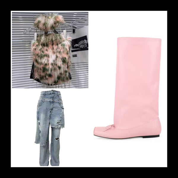 Women Pink Square Toe Bow Fashion Flat Knee High Boots