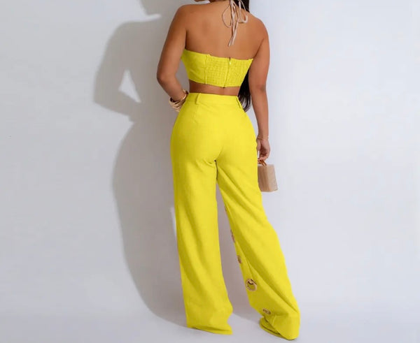Women Sexy Sleeveless Cut Out Circle Two Piece Pant Set
