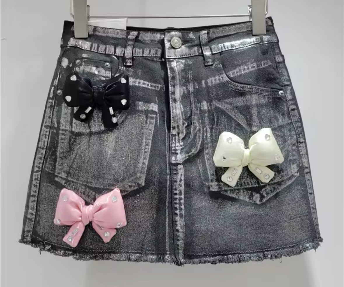 Women Fashion Metallic Bling 3D Bow Denim Skirt