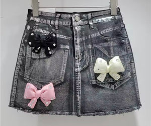 Women Fashion Metallic Bling 3D Bow Denim Skirt