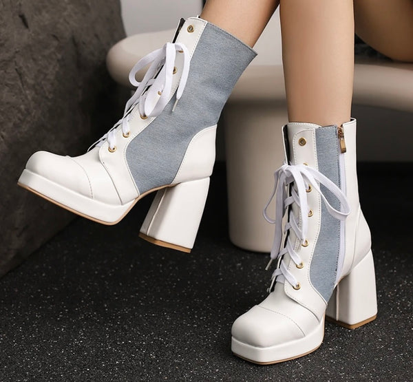 Women Fashion Platform Denim Patchwork Faux Leather Boots