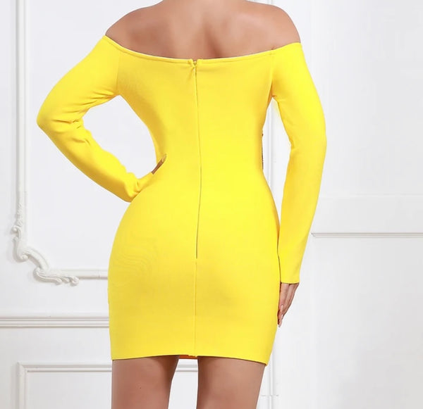 Women Yellow Sexy Chain Cut Out Full Sleeve Dress