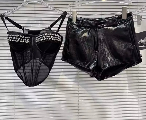 Women Rhinestone Sleeveless Mesh Two Piece PU Short Set