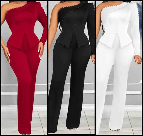 Women Solid Color One Shoulder Blazer Two Piece Pant Set