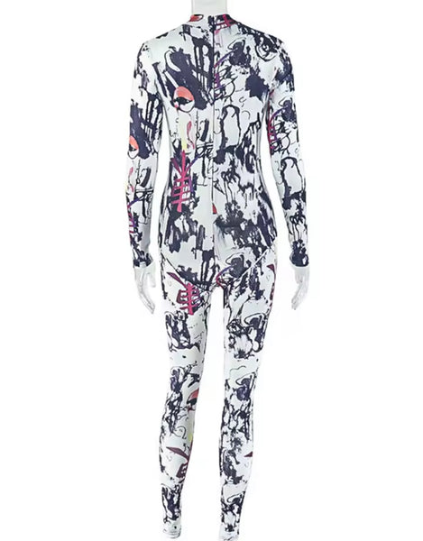 Women White Multicolored Print Full Sleeve Fashion Jumpsuit