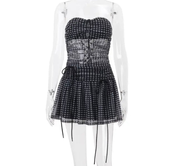 Women Sexy Button Up Strapless Plaid Mesh Two Piece Skirt Set