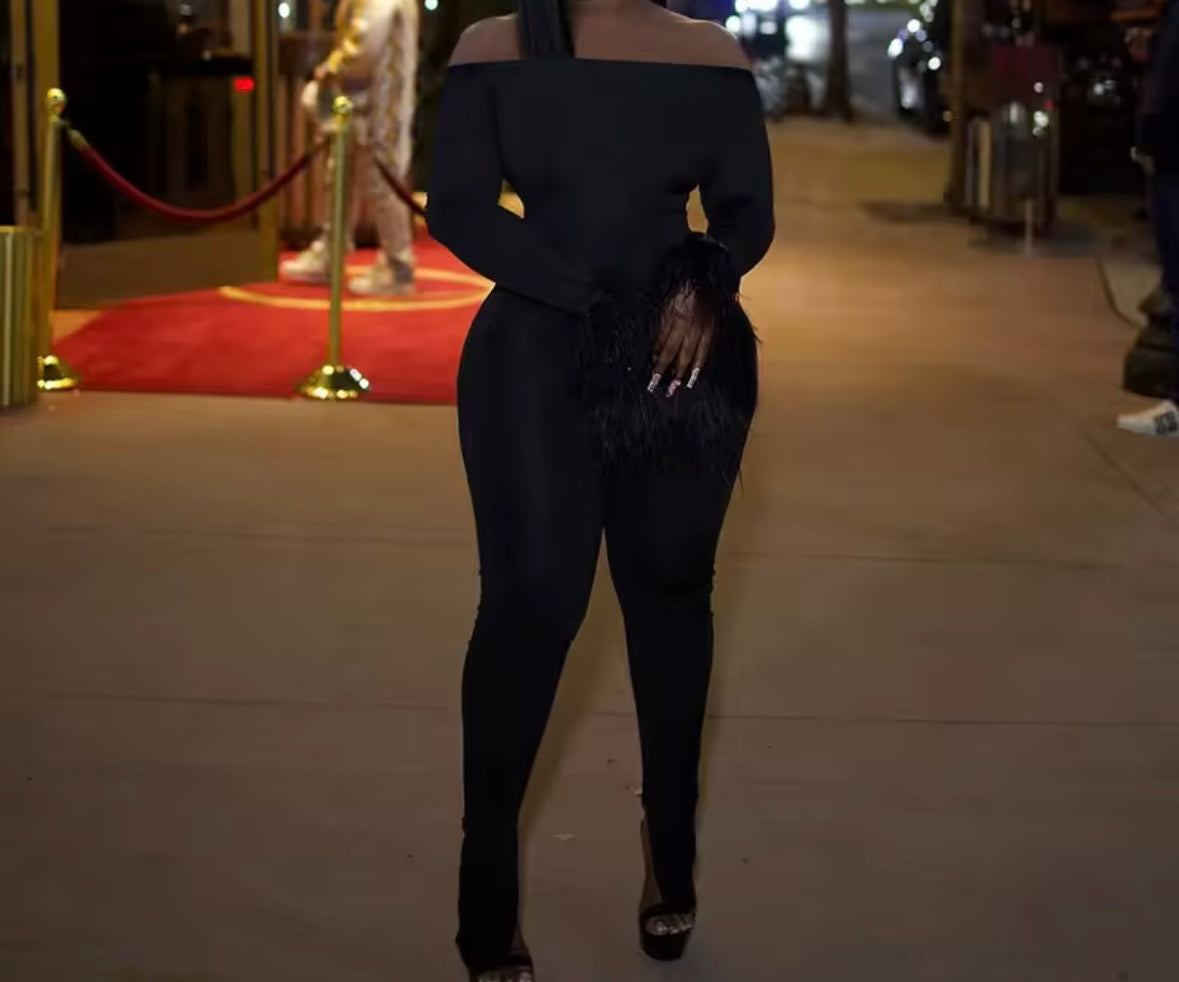 Women Off The Shoulder Feather Full Sleeve Fashion Jumpsuit