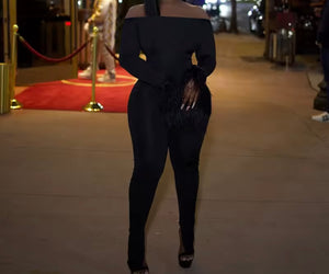 Women Off The Shoulder Feather Full Sleeve Fashion Jumpsuit