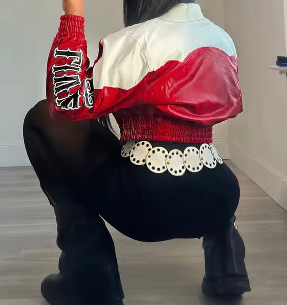 Women Fashion Color Patchwork Button Up Faux Leather Varsity Jacket