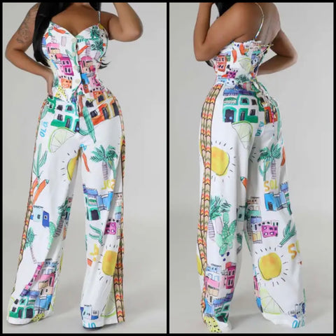 Women Sexy Sleeveless White Color Print Two Piece Pant Set