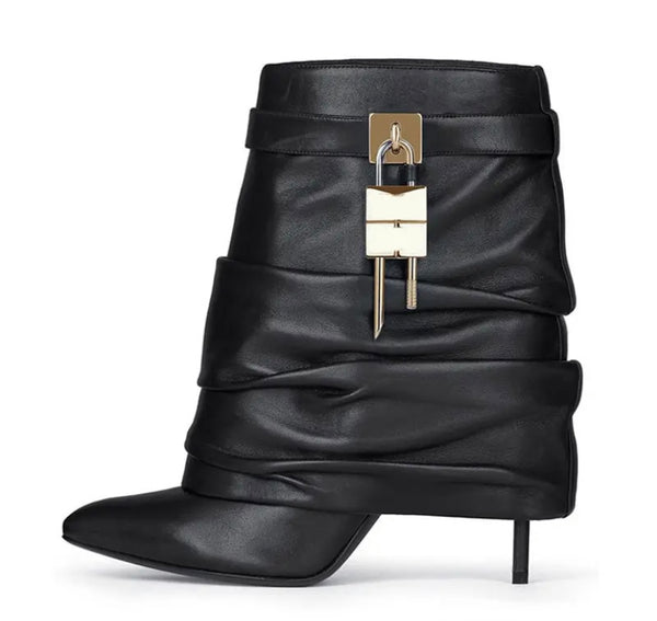Women Fashion Pointed Toe Ruched Buckled Lock Ankle Boots