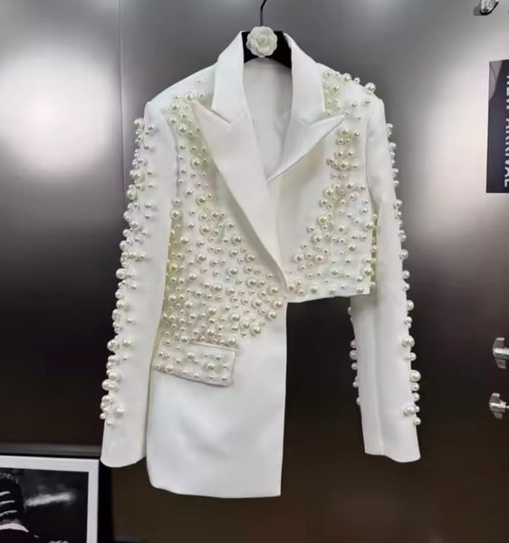 Women Fashion Asymmetrical Beaded Blazer Two Piece Skirt Set