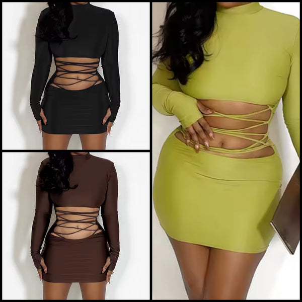 Women Sexy Cut Out Lace Up Full Sleeve Dress