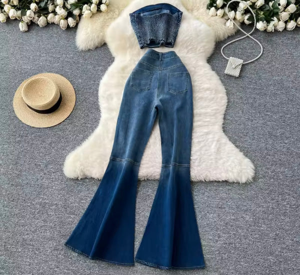 Women Strapless Bling Crop Two Piece Denim Pant Set