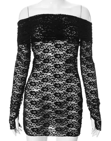 Women Sexy Off The Shoulder Full Sleeve Lace Dress