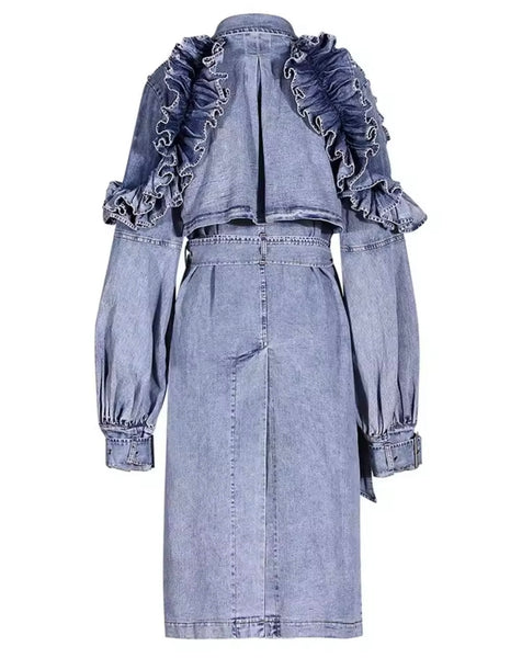 Women Fashion Blue Ruffled Denim Trench Jacket