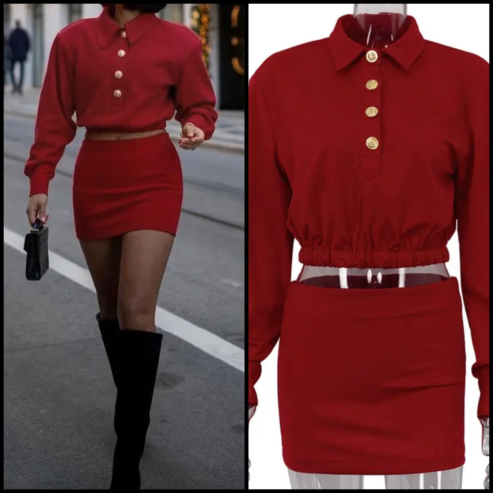 Women Red Sexy Button Full Sleeve Two Piece Skirt Set