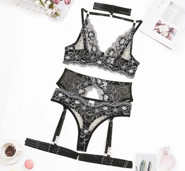 Women Sexy Choker Floral Mesh Lingerie Set