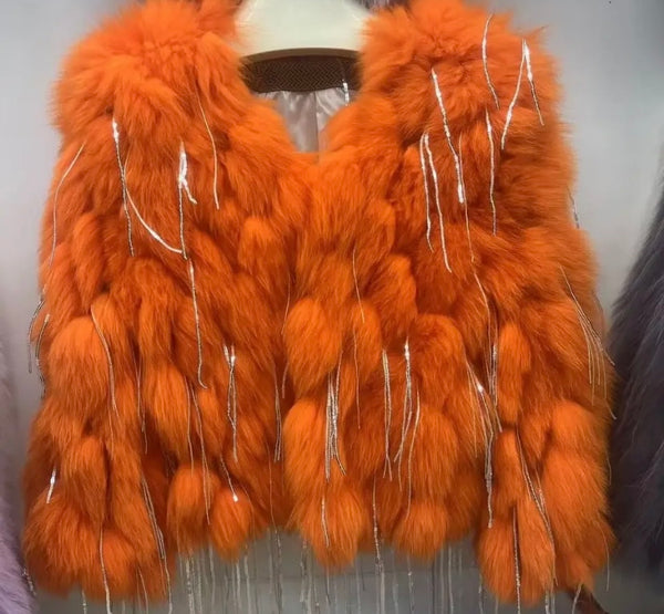 Women Fashion Faux Fur Bling Tassel Jacket