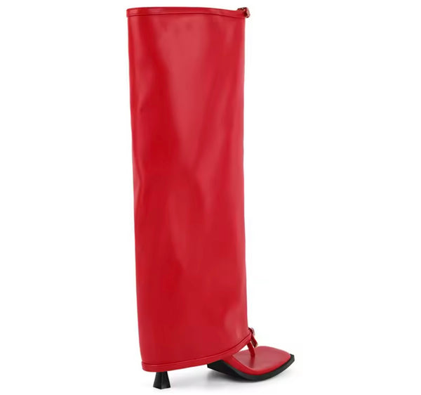 Women Fashion Open Toe Buckled Faux Leather Knee High Boots