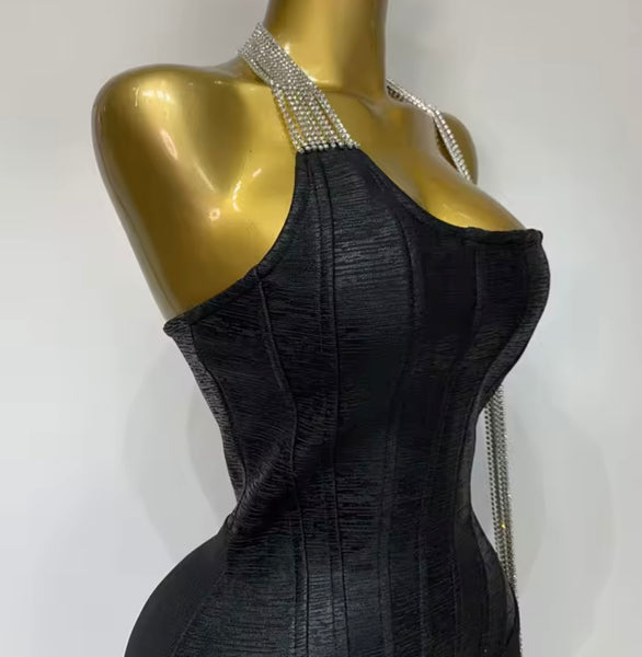Women Sexy Black Rhinestone Chain Sleeveless Maxi Dress