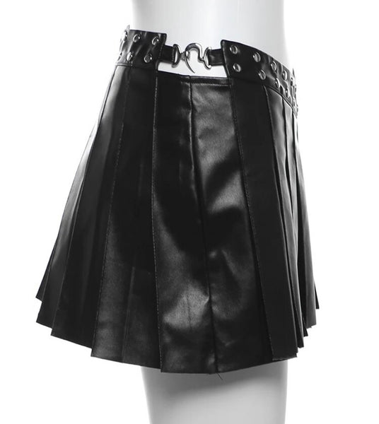 Women Sexy Strapless Black Rivet Buckled Faux Leather Two Piece Skirt Set