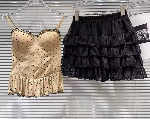Women Ruffled Polka Dot Corset Two Piece Skirt Set