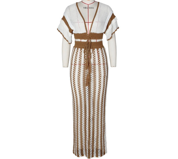 Women Sexy Color Patchwork Short Sleeve Knitted Two Piece Maxi Skirt Set