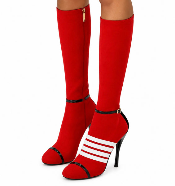 Women Fashion Round Toe Stripe Buckle Knee High Boots