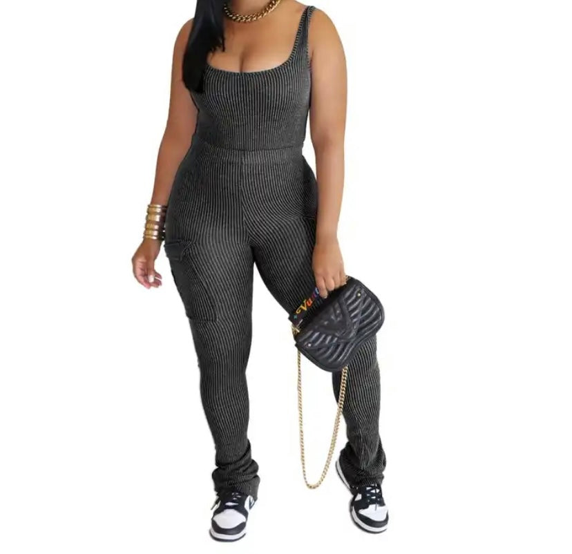 Women Sexy Sleeveless Ribbed Bodysuit Two Piece Pant Set