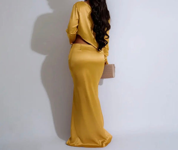 Women Sexy Satin Full Sleeve Solid Color Two Piece Maxi Skirt Set