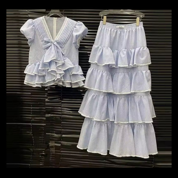 Women Sexy Blue Bow Ruffle Short Sleeve Two Piece Maxi Skirt Set
