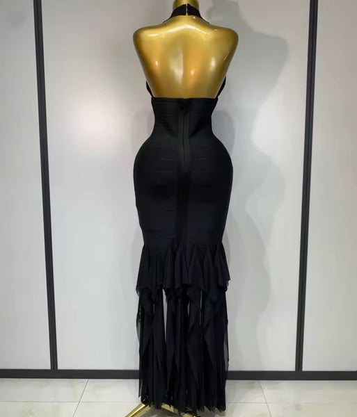 Women Sexy Halter Sleeveless Black Tassel Maxi Dress