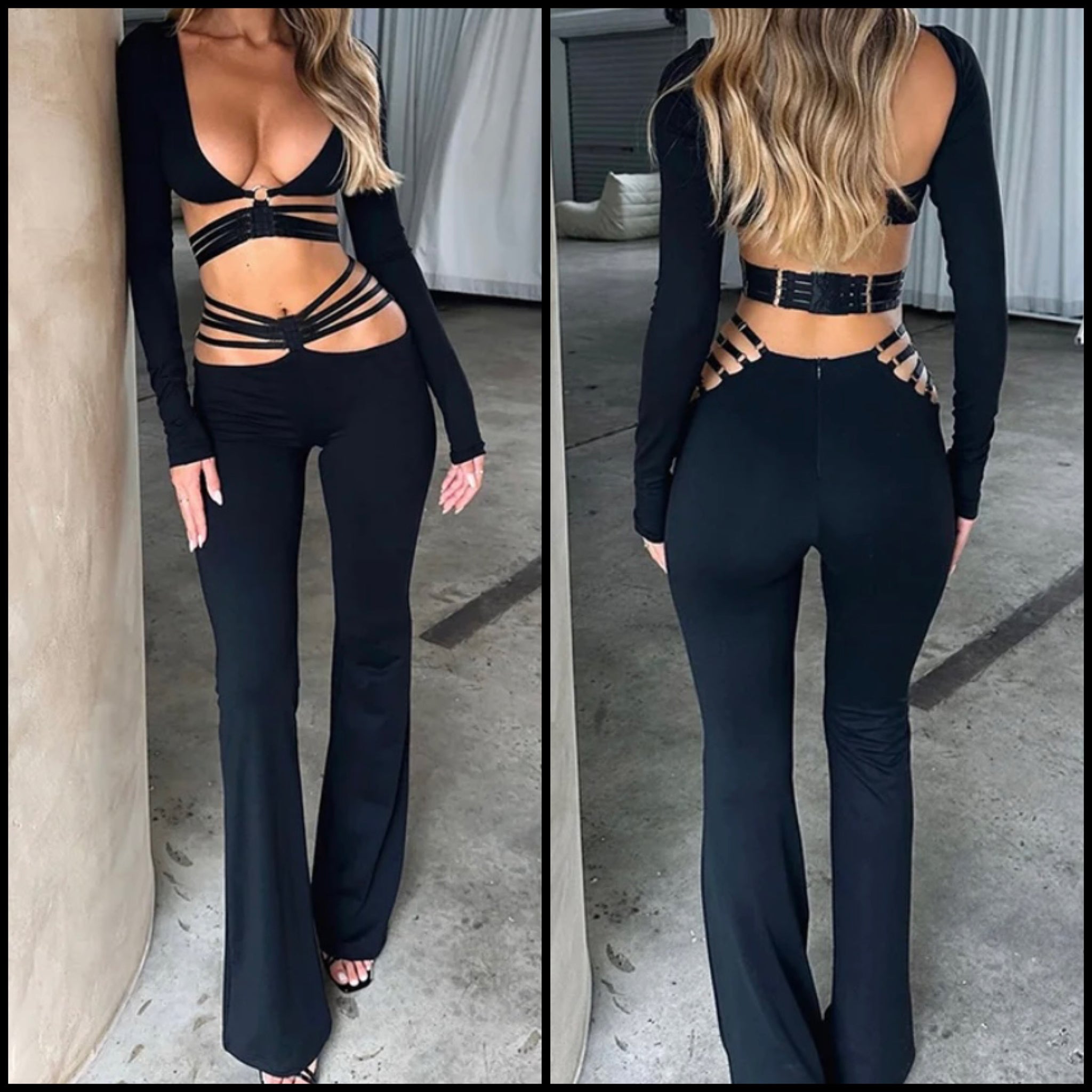 Women Sexy Black Full Sleeve Cut Out Open Back Two Piece Pant Set