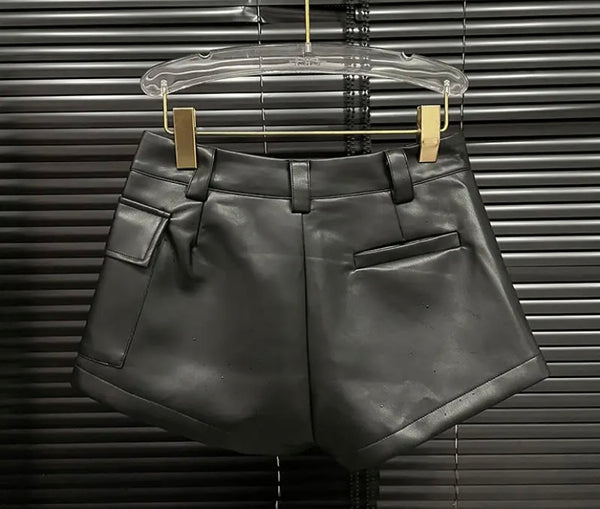 Women Black Fashion Faux Leather Wrap Shorts